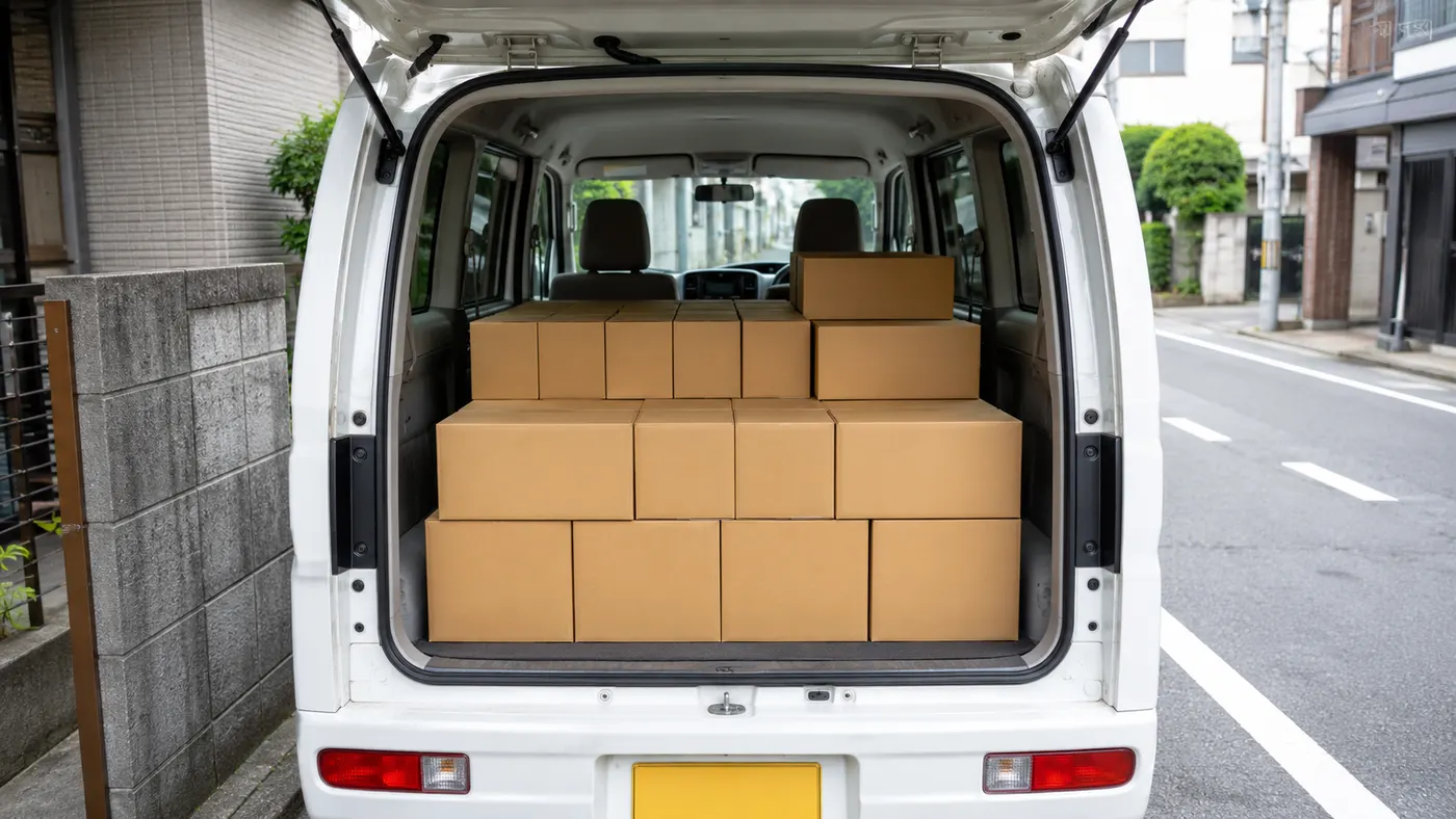 後部ドアを開け、段ボール箱を積み上げた軽貨物車両の荷室